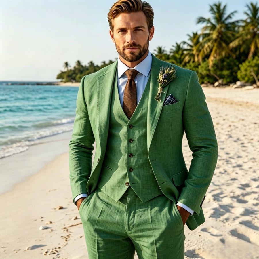 Beige Linen Wedding Suit 3 Pie – Men'S Grooming Room Bewertung und Preis