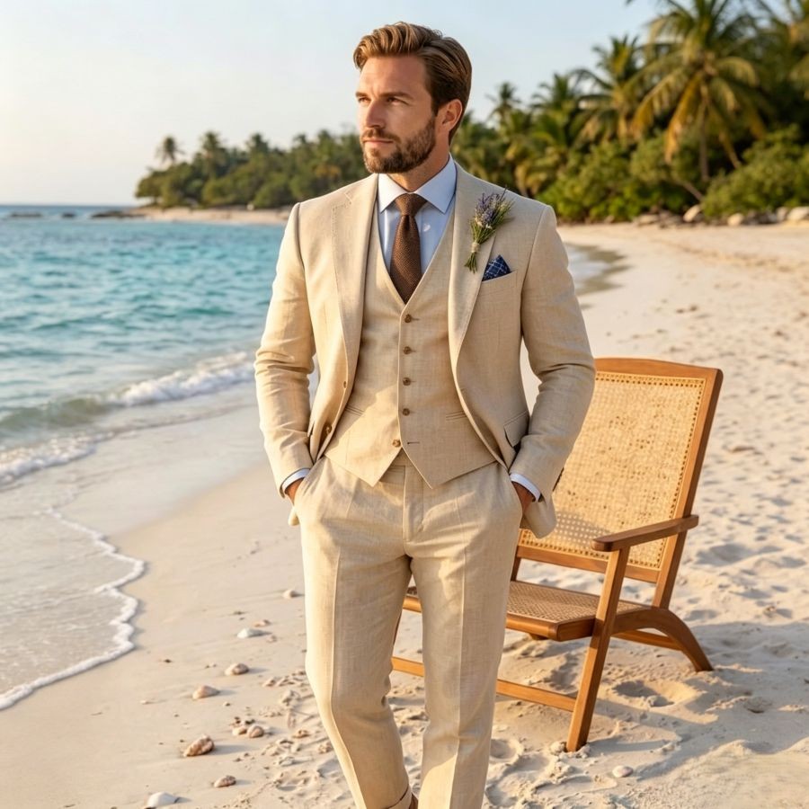 Beige Linen Wedding Suit 3 Pie – Men'S Grooming Room Bewertung und Preis